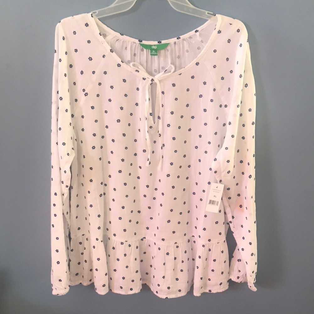 NWT dip white floral long sleeves flowy lightweight scoop neck spring top Sz XL
